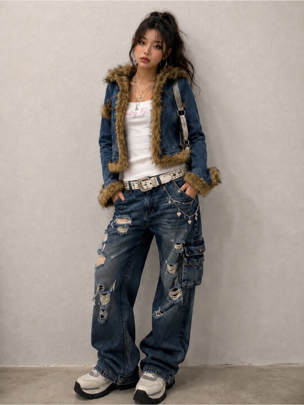 Vintage Tasha Polizzi Faux Fur Trim Denim Jacket Y2K Sz L